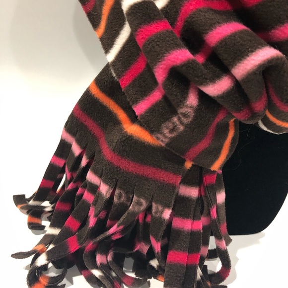 Aeropostale Women’s Brown Pinks Orange White Fleece Fringed Striped Scarf - Picture 2 of 5